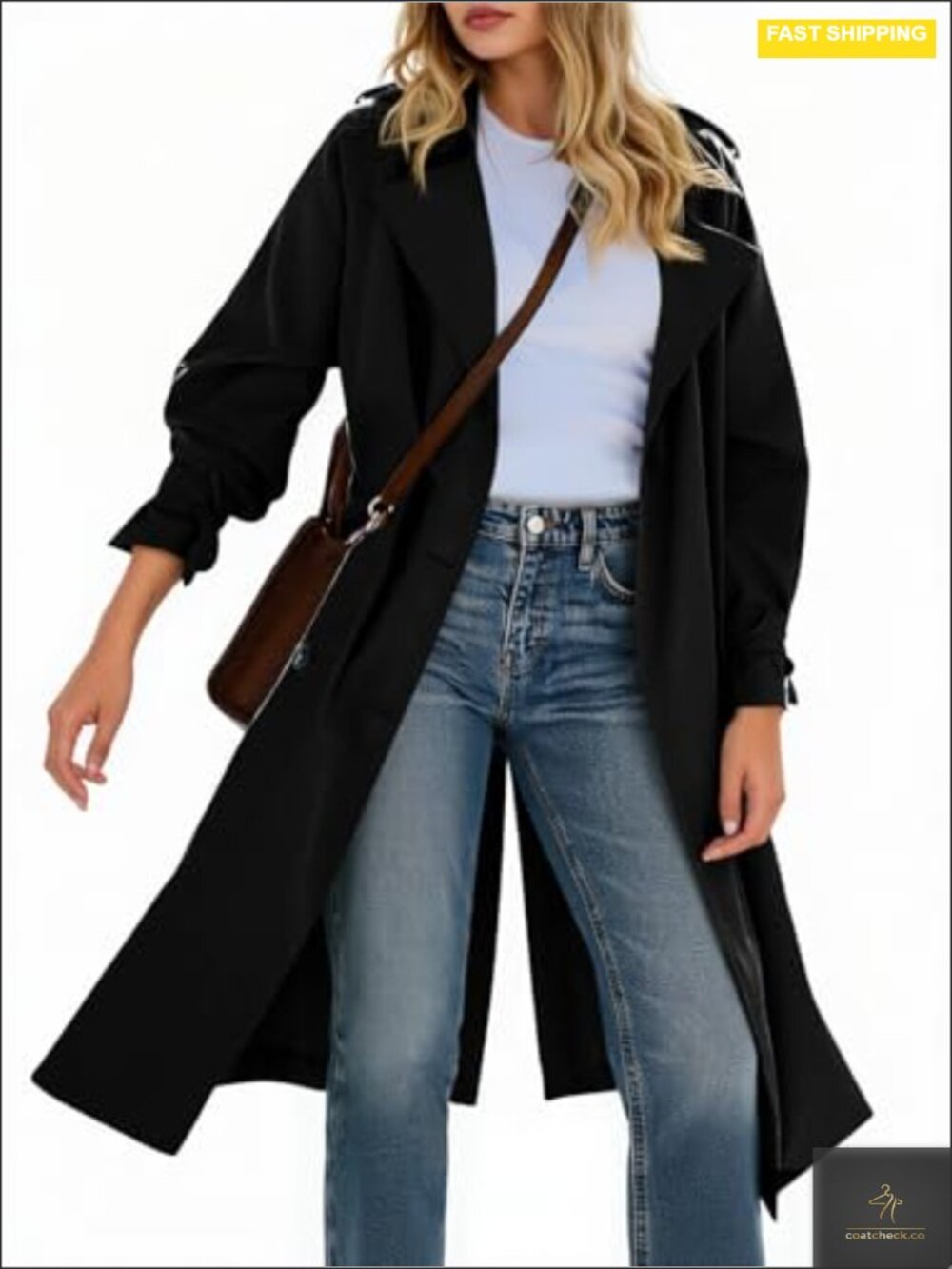 Women's Long Trench Coat Double-Breasted Notch Lapel Overcoat Windproof